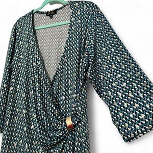 WORN ONCE flattering geometric print faux wrap dress